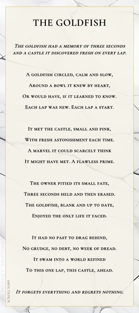 A modern fable in verse. Wise Monkey Wrought scroll N.009, "The Goldfish." The goldfish had a memory of three seconds and a castle it discovered fresh on every lap. A goldfish circled, calm and slow, around a bowl it knew by heart, or would have, if it learned to know. Each lap was new. Each lap a start. It met the castle, small and pink, with fresh astonishment each time. A marvel it could scarcely think it might have met. A flawless prime. The owner pitied its small fate, three seconds held and then erased. The goldfish, blank and up to date, enjoyed the only life it faced. It had no past to drag behind, no grudge, no debt, no week of dread. It swam into a world refined to this one lap, this castle, ahead. It forgets everything and regrets nothing.