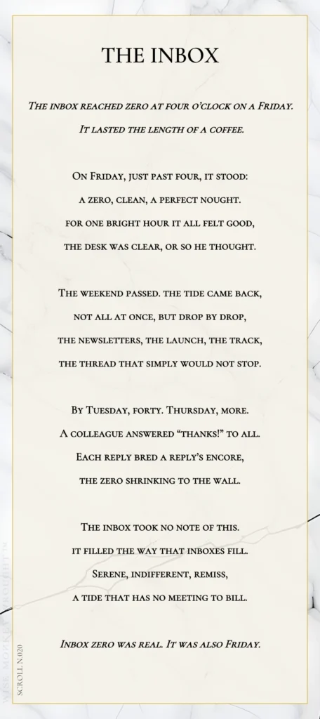 A modern fable in verse. Wise Monkey Wrought scroll N.020, "The Inbox." The inbox reached zero at four o'clock on a Friday. It lasted the length of a coffee. On Friday, just past four, it stood: a zero, clean, a perfect nought. For one bright hour it all felt good, the desk was clear, or so he thought. The weekend passed. The tide came back, not all at once, but drop by drop, the newsletters, the launch, the track, the thread that simply would not stop. By Tuesday, forty. Thursday, more. A colleague answered "thanks!" to all. Each reply bred a reply's encore, the zero shrinking to the wall. The inbox took no note of this. It filled the way that inboxes fill. Serene, indifferent, remiss, a tide that has no meeting to bill. Inbox zero was real. It was also Friday.