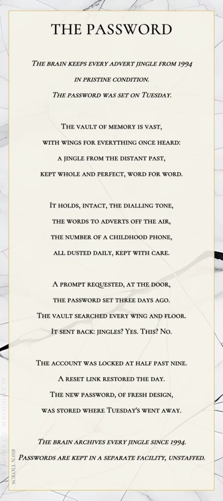 A modern fable in verse. Wise Monkey Wrought scroll N.018, "The Password." The brain keeps every advert jingle from 1994 in pristine condition. The password was set on Tuesday. The vault of memory is vast, with wings for everything once heard: a jingle from the distant past, kept whole and perfect, word for word. It holds, intact, the dialling tone, the words to adverts off the air, the number of a childhood phone, all dusted daily, kept with care. A prompt requested, at the door, the password set three days ago. The vault searched every wing and floor. It sent back: jingles? Yes. This? No. The account was locked at half past nine. A reset link restored the day. The new password, of fresh design, was stored where Tuesday's went away. The brain archives every jingle since 1994. Passwords are kept in a separate facility, unstaffed.