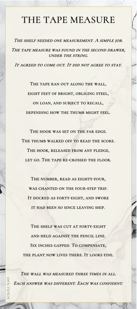 A modern fable in verse. Wise Monkey Wrought scroll N.003, "The Tape Measure." The shelf needed one measurement. A simple job. The tape measure was found in the second drawer, under the string. It agreed to come out. It did not agree to stay. The tape ran out along the wall, eight feet of bright, obliging steel, on loan, and subject to recall, depending how the thumb might feel. The hook was set on the far edge. The thumb walked off to read the score. The hook, released from any pledge, let go. The tape re-crossed the floor. The number, read as eighty-four, was chanted on the four-step trip. It docked as forty-eight, and swore it had been so since leaving ship. The shelf was cut at forty-eight and held against the pencil line. Six inches gapped. To compensate, the plant now lives there. It looks fine. The wall was measured three times in all. Each answer was different. Each was confident.