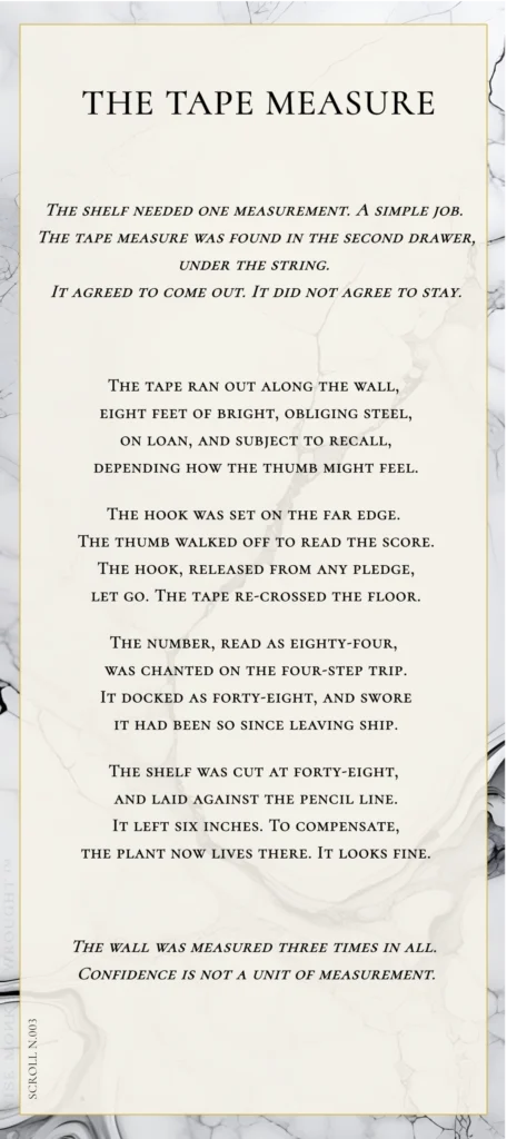 A modern fable in verse. Wise Monkey Wrought scroll N.003, "The Tape Measure." The shelf needed one measurement. A simple job. The tape measure was found in the second drawer, under the string. It agreed to come out. It did not agree to stay. The tape ran out along the wall, eight feet of bright, obliging steel, on loan, and subject to recall, depending how the thumb might feel. The hook was set on the far edge. The thumb walked off to read the score. The hook, released from any pledge, let go. The tape re-crossed the floor. The number, read as eighty-four, was chanted on the four-step trip. It docked as forty-eight, and swore it had been so since leaving ship. The shelf was cut at forty-eight, and laid against the pencil line. It left six inches. To compensate, the plant now lives there. It looks fine. The wall was measured three times in all. Confidence is not a unit of measurement.