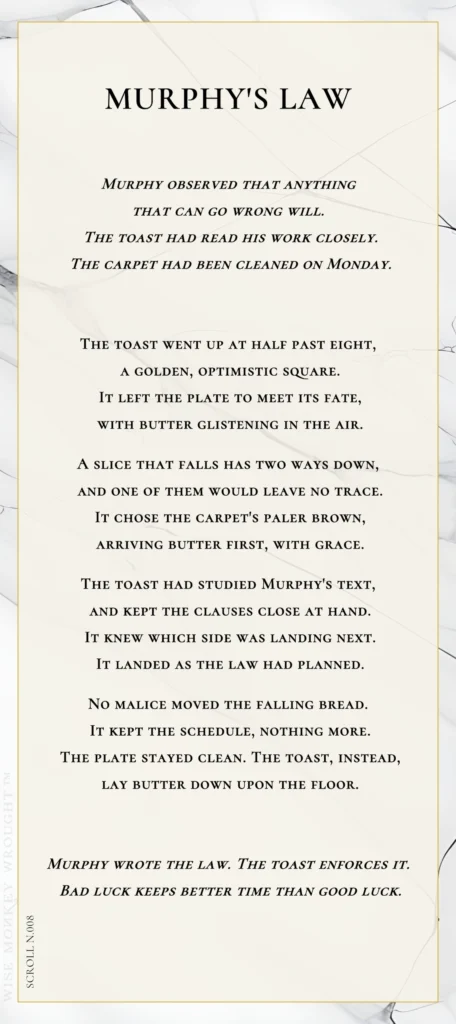 A modern fable in verse. Wise Monkey Wrought scroll N.008, "Murphy's Law." Murphy observed that anything that can go wrong will. The toast had read his work closely. The carpet had been cleaned on Monday. The toast went up at half past eight, a golden, optimistic square. It left the plate to meet its fate, with butter glistening in the air. A slice that falls has two ways down, and one of them would leave no trace. It chose the carpet's paler brown, arriving butter first, with grace. The toast had studied Murphy's text, and kept the clauses close at hand. It knew which side was landing next. It landed as the law had planned. No malice moved the falling bread. It kept the schedule, nothing more. The plate stayed clean. The toast, instead, lay butter down upon the floor. Murphy wrote the law. The toast enforces it. Bad luck keeps better time than good luck.